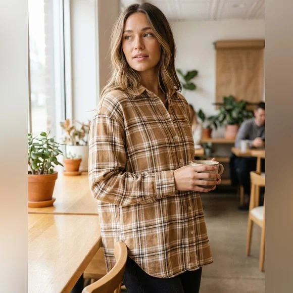 LOFT Plaid Flannel Button Down Shirt Brown Tan Cozy Oversized S - Picture 1 of 8
